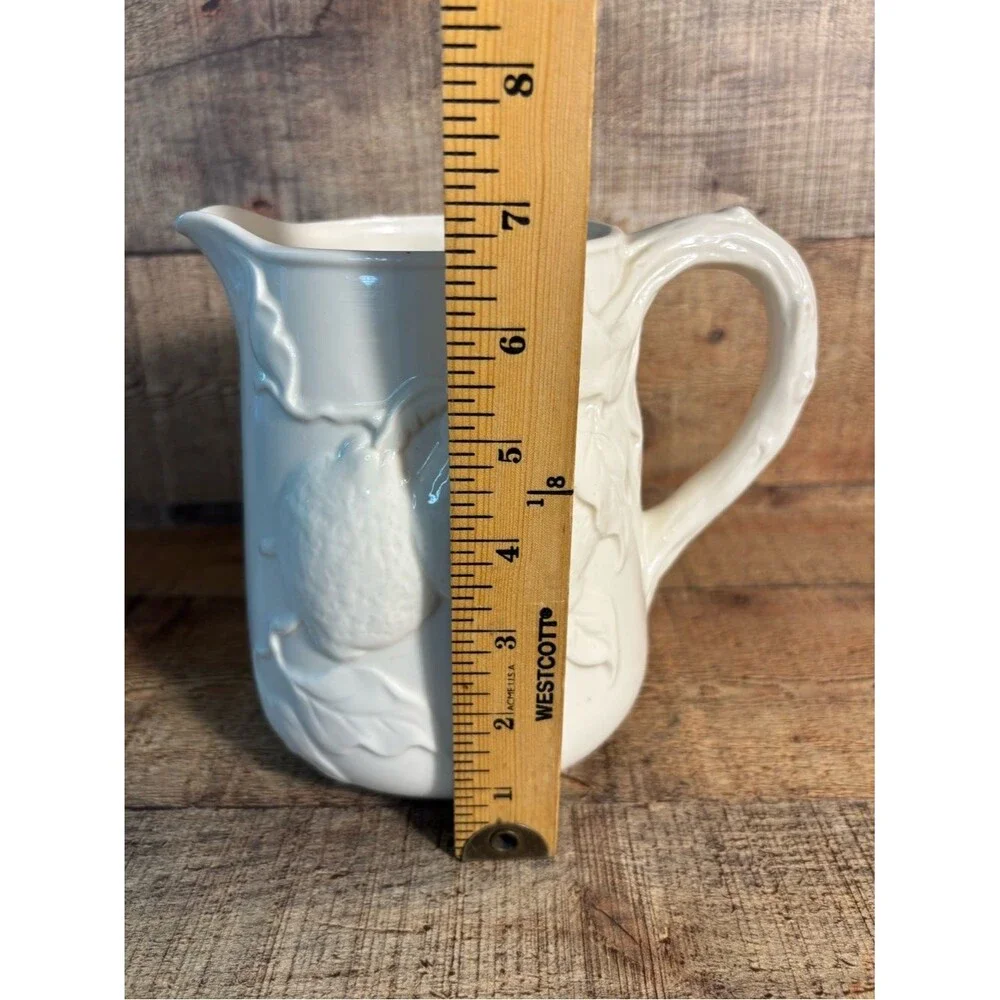 Peppertree Tabletops Pitcher Ivory Ceramic Pottery Embossed Fruit Design 6-3/4